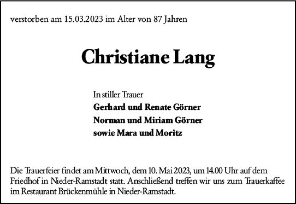  Traueranzeige für Christiane Lang vom 28.04.2023 aus Darmstädter Echo