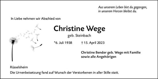 Traueranzeige von Christine Wege von Rüsselsheimer Echo