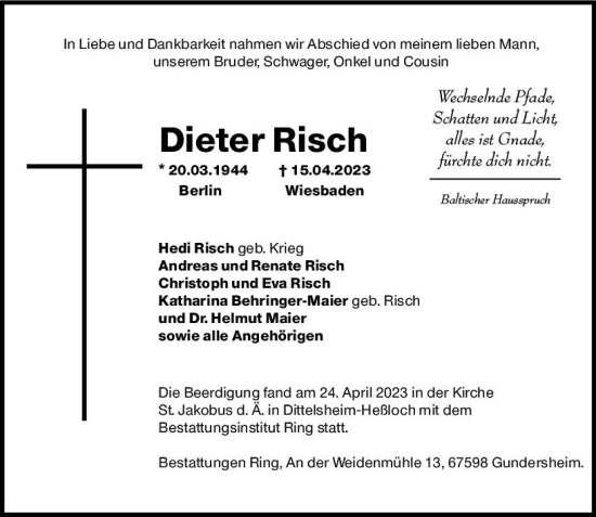 Traueranzeige von Dieter Risch von Wiesbadener Kurier