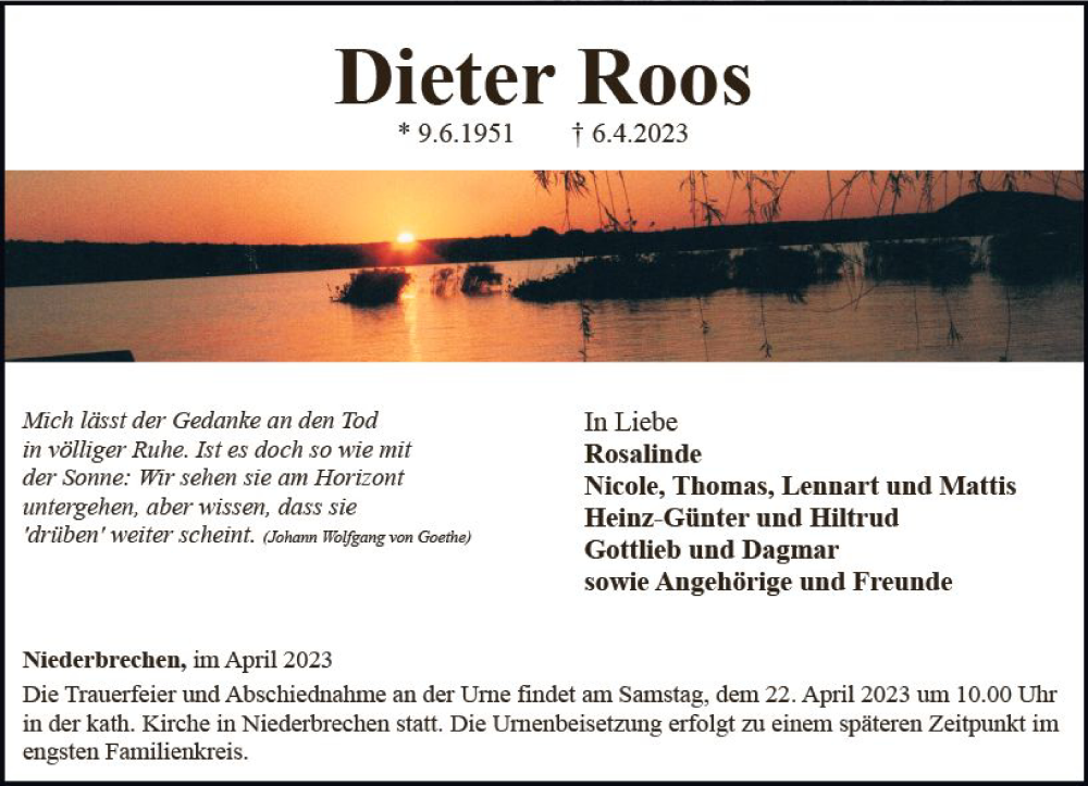  Traueranzeige für Dieter Roos vom 13.04.2023 aus Camberger Anzeiger