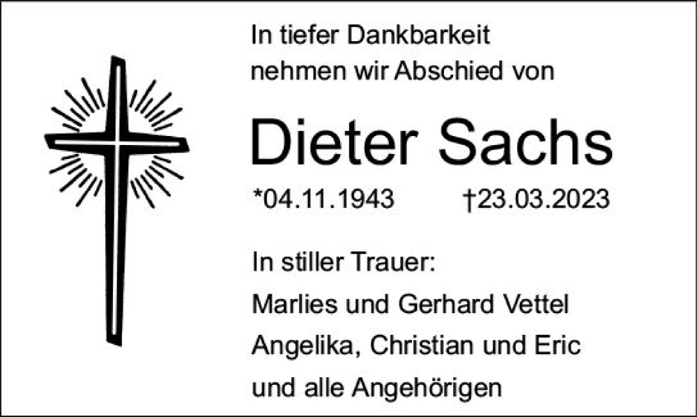  Traueranzeige für Dieter Sachs vom 29.04.2023 aus Starkenburger Echo