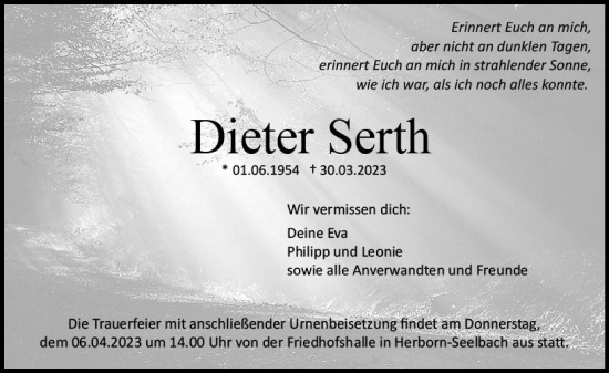Traueranzeige von Dieter Serth von Hinterländer Anzeiger