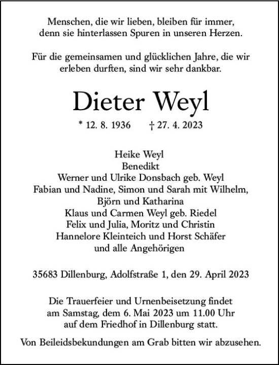 Traueranzeige von Dieter Weyl von Dill Block