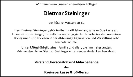 Traueranzeige von Dietmar Steininger von Darmstädter Echo