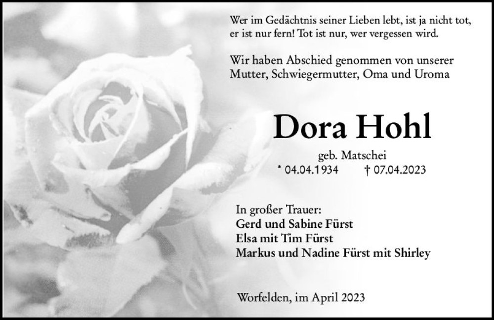  Traueranzeige für Dora Hohl vom 15.04.2023 aus Groß-Gerauer Echo