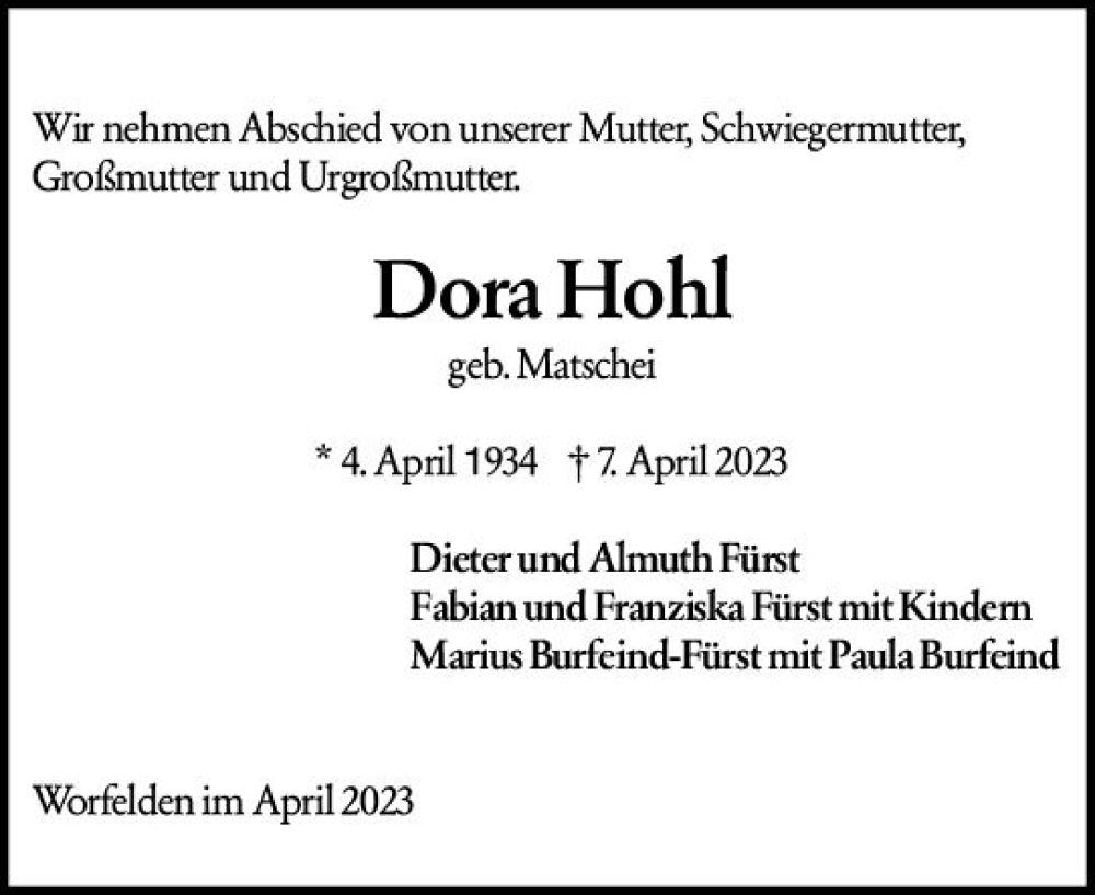  Traueranzeige für Dora Hohl vom 15.04.2023 aus Groß-Gerauer Echo