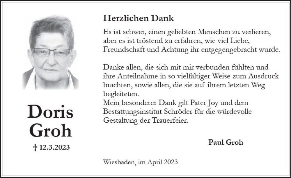  Traueranzeige für Doris Groh vom 15.04.2023 aus Wiesbadener Kurier