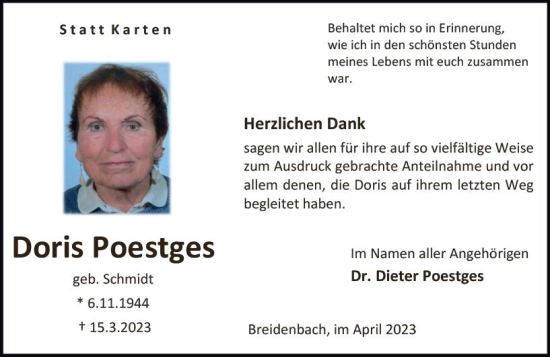 Traueranzeige von Doris Poestges von Hinterländer Anzeiger