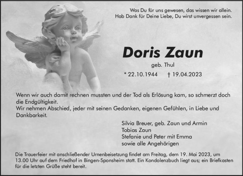  Traueranzeige für Doris Zaun vom 29.04.2023 aus Bingen/Ingelheim WOBL inkl. Neue Binger Ztg.