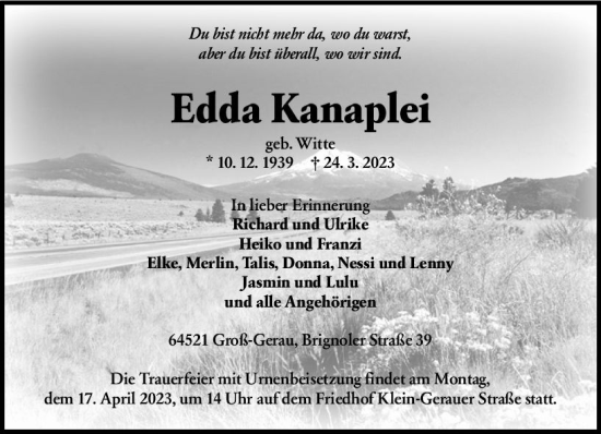 Traueranzeige von Edda Kanaplei von Groß-Gerauer Echo