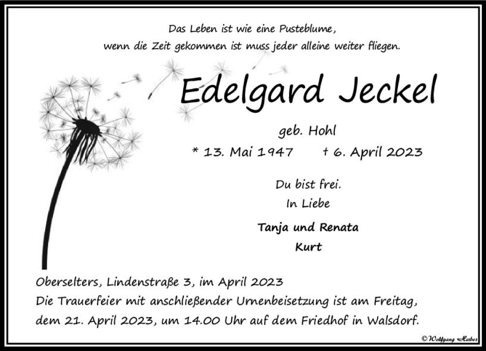  Traueranzeige für Edelgard Jeckel vom 20.04.2023 aus Camberger Anzeiger