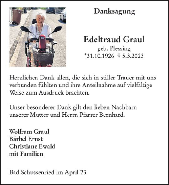 Traueranzeige von Edeltraud Graul von Groß-Gerauer Echo