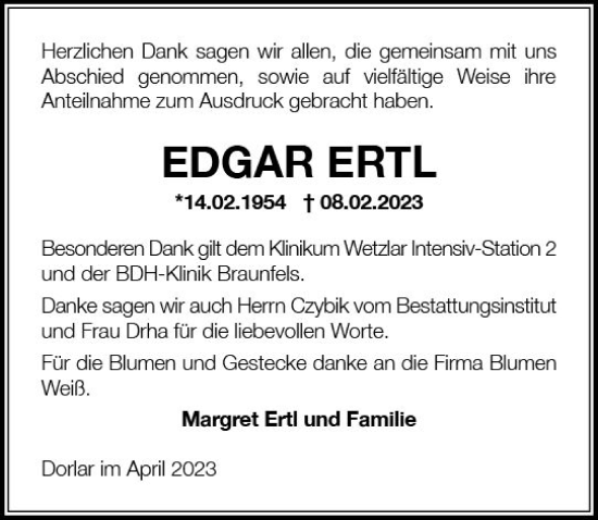 Traueranzeige von Edgar Ertl von Wetzlarer Neue Zeitung