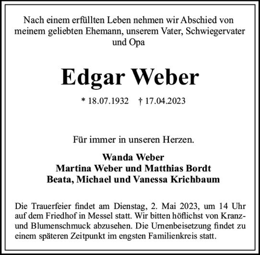  Traueranzeige für Edgar Weber vom 22.04.2023 aus Darmstädter Echo