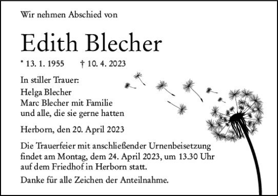 Traueranzeige von Edith Blecher von Dill Block