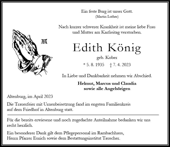Traueranzeige von Edith König von Oberhessen Kurier