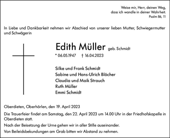 Traueranzeige von Edith Müller von Hinterländer Anzeiger