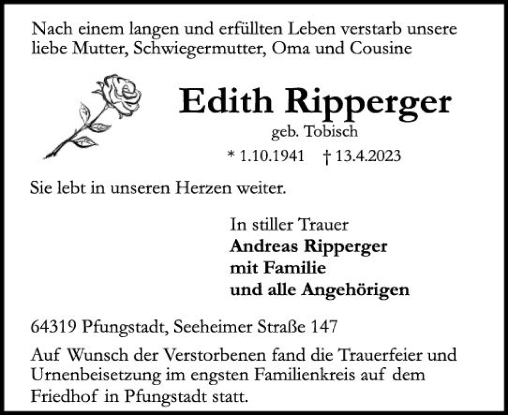  Traueranzeige für Edith Ripperger vom 29.04.2023 aus Darmstädter Echo