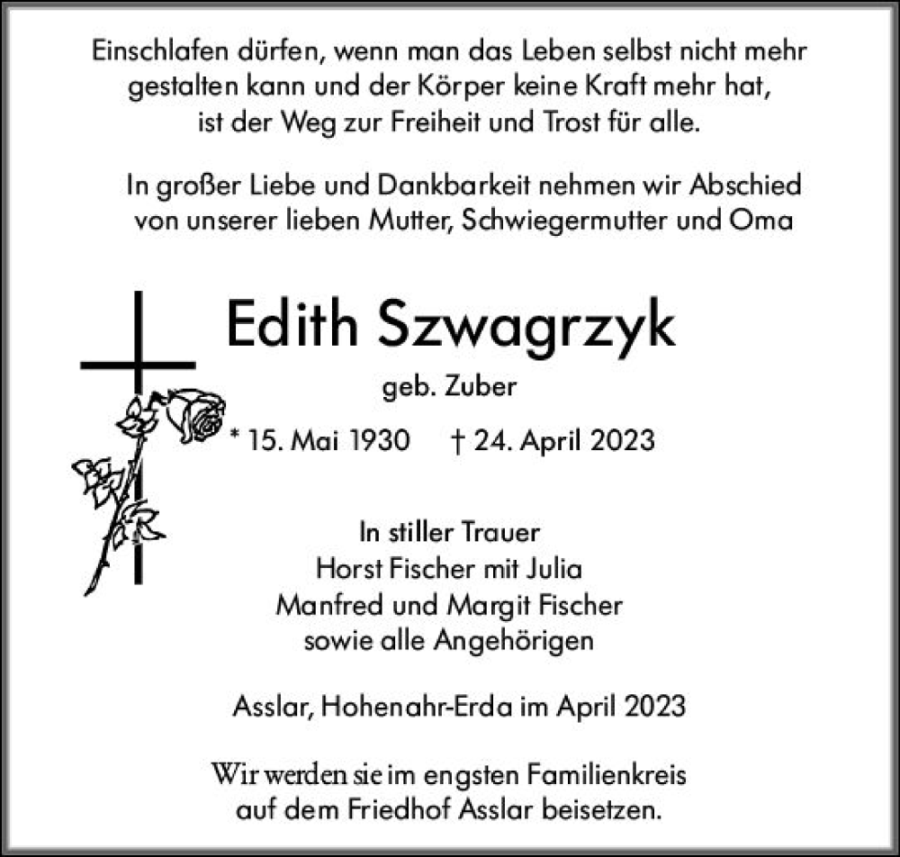  Traueranzeige für Edith Szwagrzyk vom 29.04.2023 aus Wetzlarer Neue Zeitung