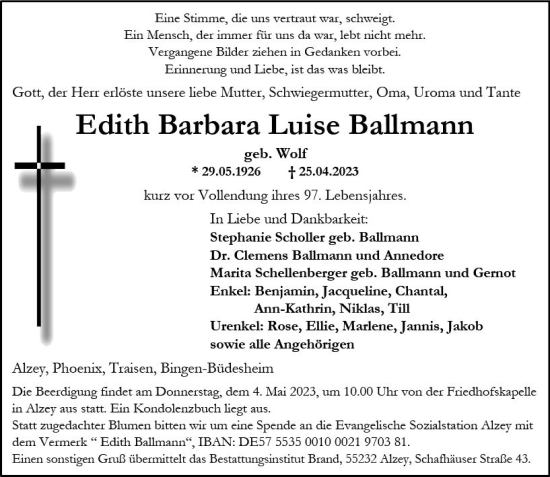 Traueranzeige von Edith Barbara Luise Ballmann von Allgemeine Zeitung Bingen/Ingelheim