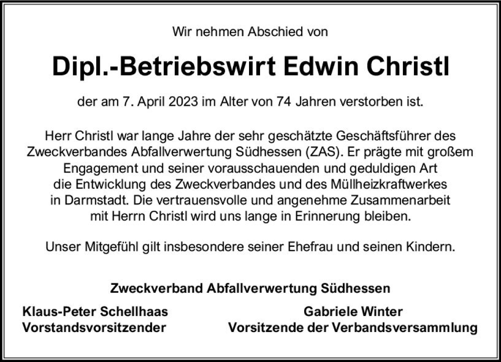  Traueranzeige für Edwin Christl vom 15.04.2023 aus Odenwälder Echo