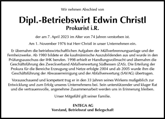 Traueranzeige von Edwin Christl von Odenwälder Echo