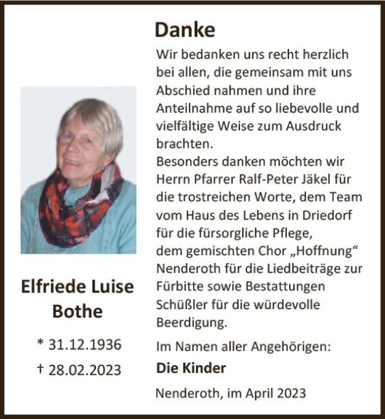 Traueranzeige von Elfriede Bothe von Dill Block