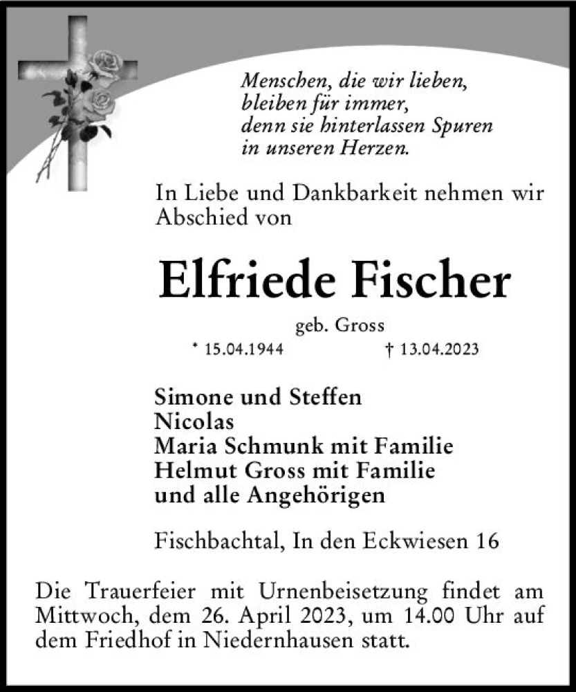  Traueranzeige für Elfriede Fischer vom 22.04.2023 aus Darmstädter Echo