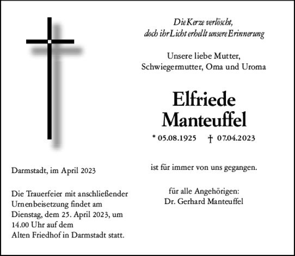  Traueranzeige für Elfriede Manteuffel vom 22.04.2023 aus Darmstädter Echo