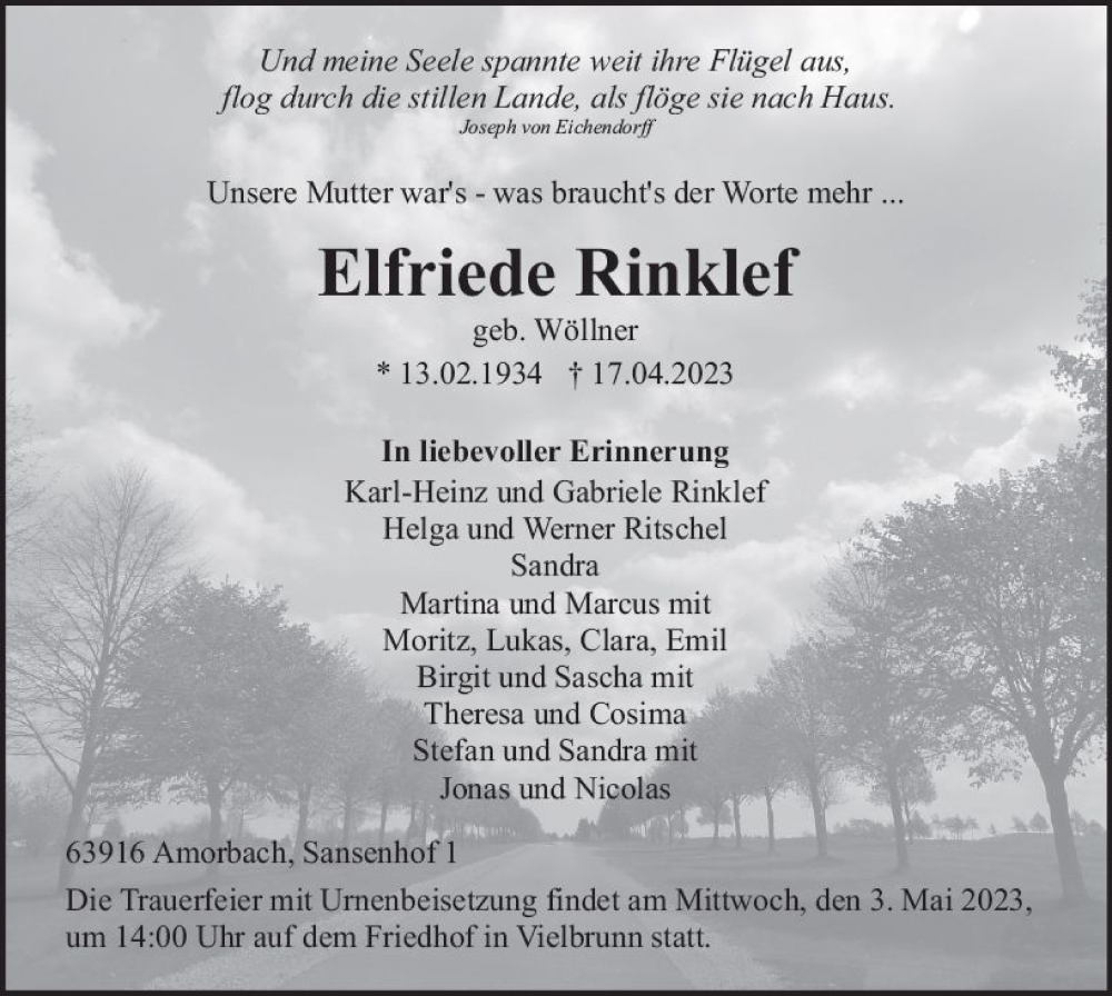  Traueranzeige für Elfriede Rinklef vom 29.04.2023 aus Odenwälder Echo