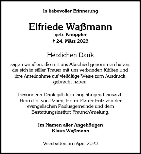 Traueranzeige von Elfriede Waßmann von Wiesbadener Kurier