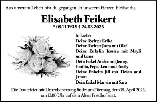 Traueranzeige von Elisabeth Feikert von Darmstädter Echo