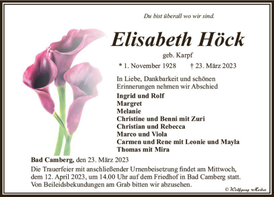 Traueranzeige von Elisabeth Höck von Camberger Anzeiger