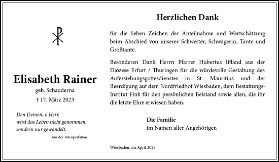 Traueranzeige von Elisabeth Rainer von Wiesbadener Kurier