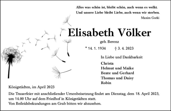 Traueranzeige von Elisabeth Völker von Rüsselsheimer Echo