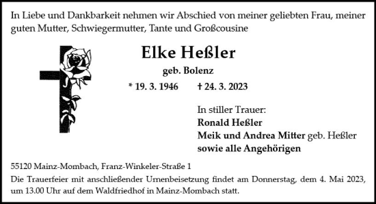 Traueranzeige von Elke Heßler von Allgemeine Zeitung Mainz