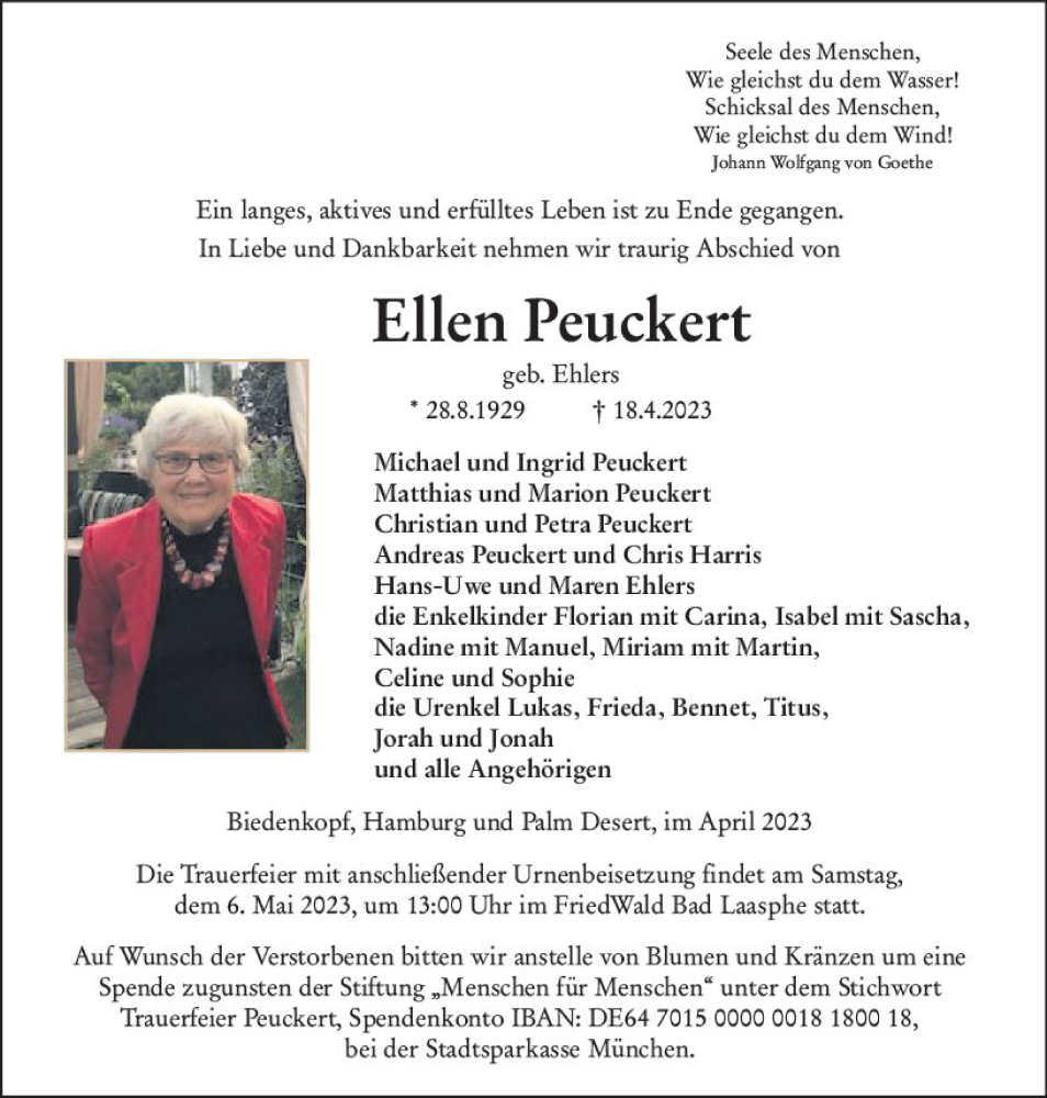  Traueranzeige für Ellen Peuckert vom 25.04.2023 aus Hinterländer Anzeiger
