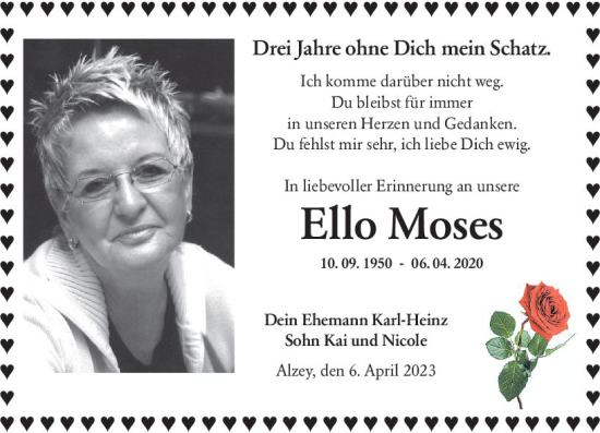 Traueranzeige von Ello Moses von Allgemeine Zeitung Alzey