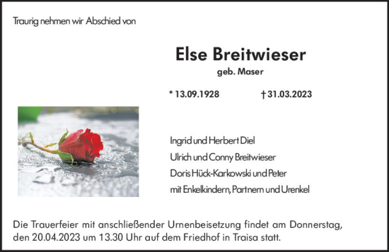 Traueranzeige von Else Breitwieser von Darmstädter Echo