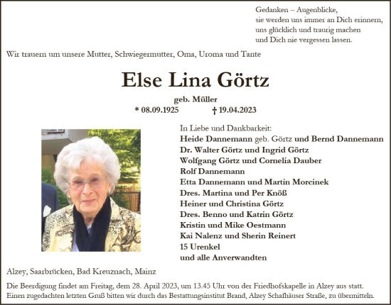 Traueranzeige von Else Lina Görtz von Allgemeine Zeitung Alzey