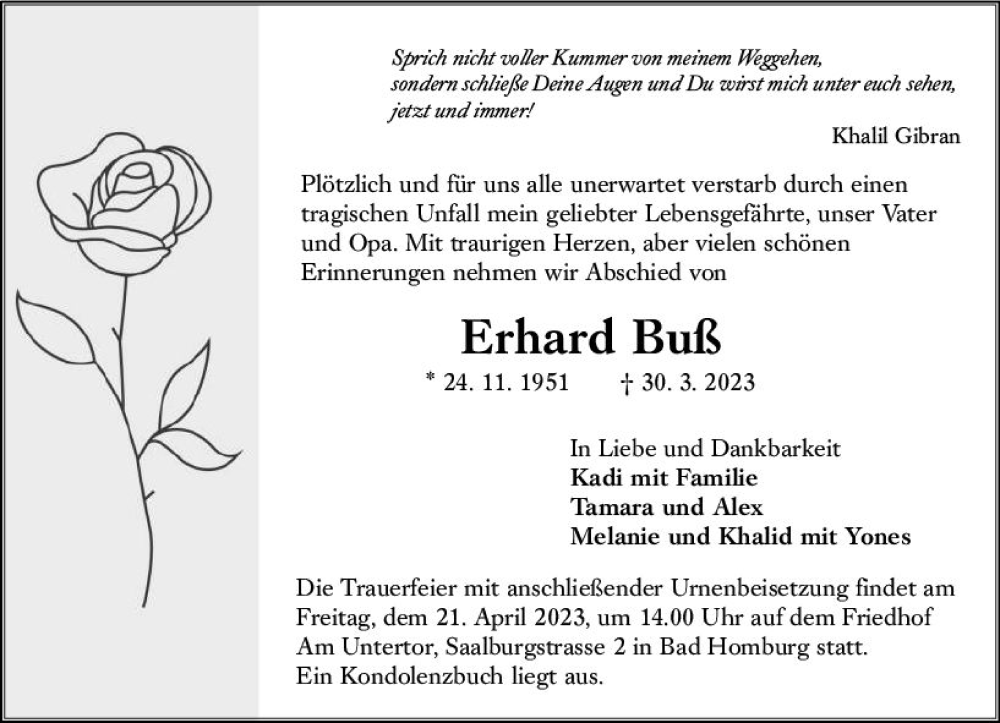  Traueranzeige für Erhard Buß vom 15.04.2023 aus VRM Trauer