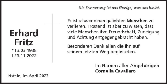 Traueranzeige von Erhard Fritz von Idsteiner Land/Untertaunus
