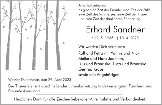 Traueranzeige von Erhard Sandner von Wetzlarer Neue Zeitung