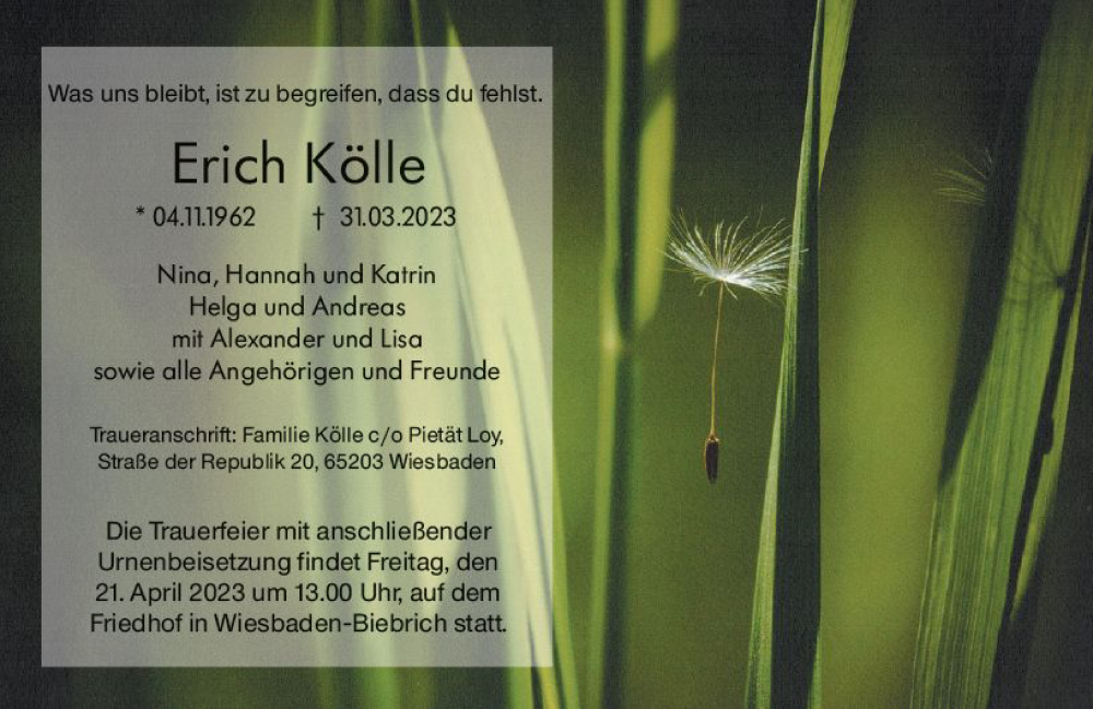  Traueranzeige für Erich Kölle vom 15.04.2023 aus Wiesbadener Kurier