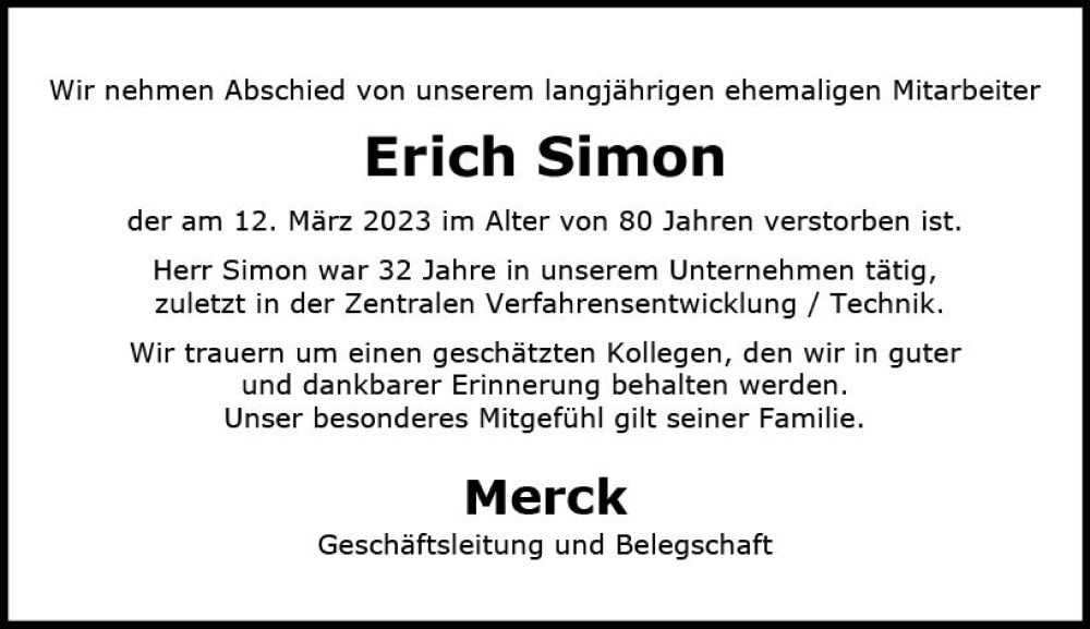  Traueranzeige für Erich Simon vom 04.04.2023 aus Darmstädter Echo