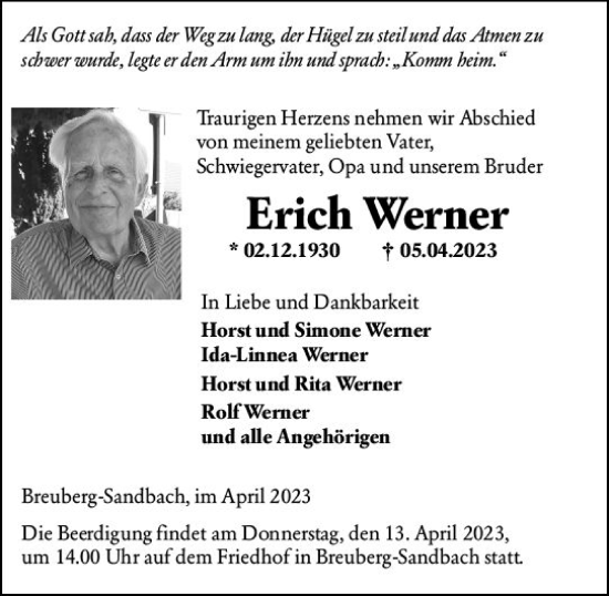 Traueranzeige von Erich Werner von Odenwälder Echo