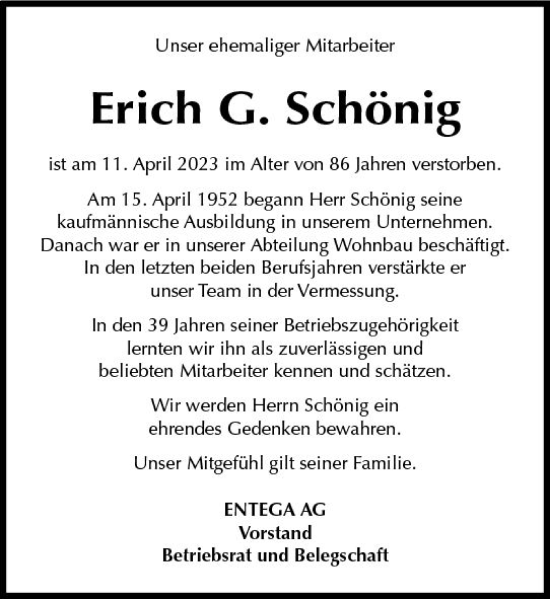 Traueranzeige von Erich G. Schönig von Odenwälder Echo