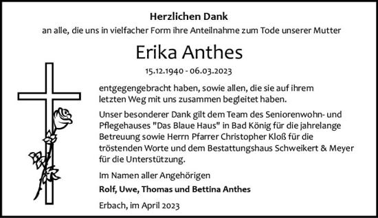 Traueranzeige von Erika Anthes von Odenwälder Echo