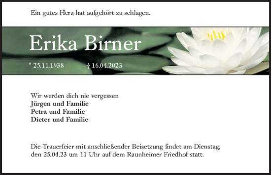 Traueranzeige von Erika Birner von Rüsselsheimer Echo