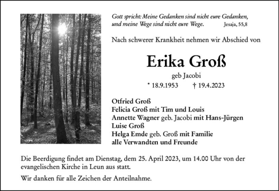 Traueranzeige von Erika Groß von Wetzlarer Neue Zeitung